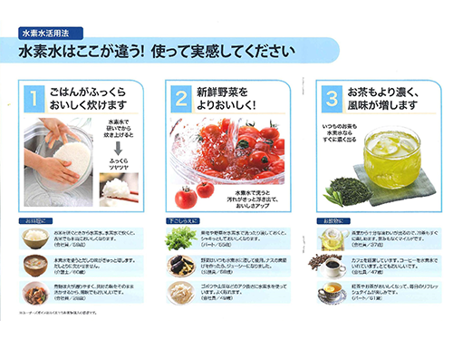 新しいパンフレットには水素水の活用法も掲載