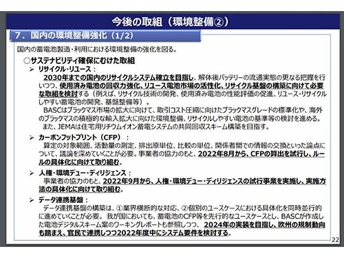 経産省が２２年８月に出した、蓄電池に関する今後の取り組み（写真は一部の情報）