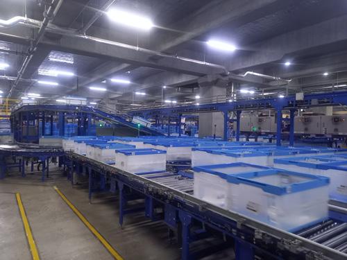 既存棟１階、「マトリクスアソートエリア」で、オリコン単位で仕分けをする