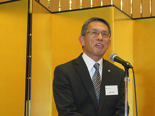 ＪＡＤＭＡの関西地区賀詞交歓会であいさつするニッセンの市場信行社長