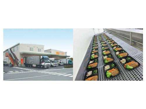 「ワタミ手づくり厨房尼崎センター」の外観（写真左）と製造ライン