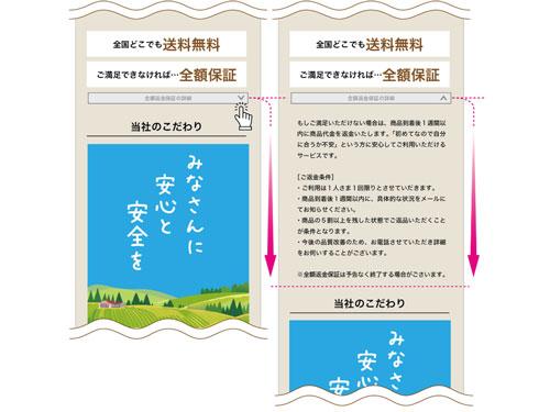 ダークパターンの一例「隠された情報」＝「全額保証」と強調表示があるが（写真左）「詳細」ボタンの中に返金条件が隠されている（写真右）　※消費者庁　ダークパターン事例イラスト集より