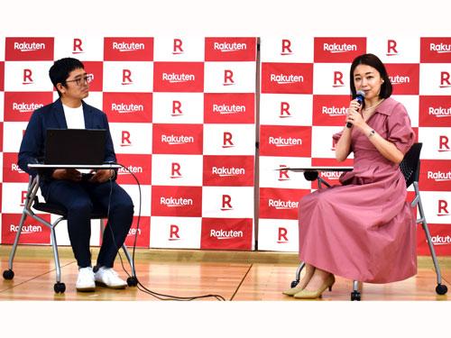 楽天グループ　コマース＆マーケティングテクノロジー統括部ジェネラルマネージャー・山川祐介氏（写真左）、百福　専務取締役　木澤典子氏が登壇